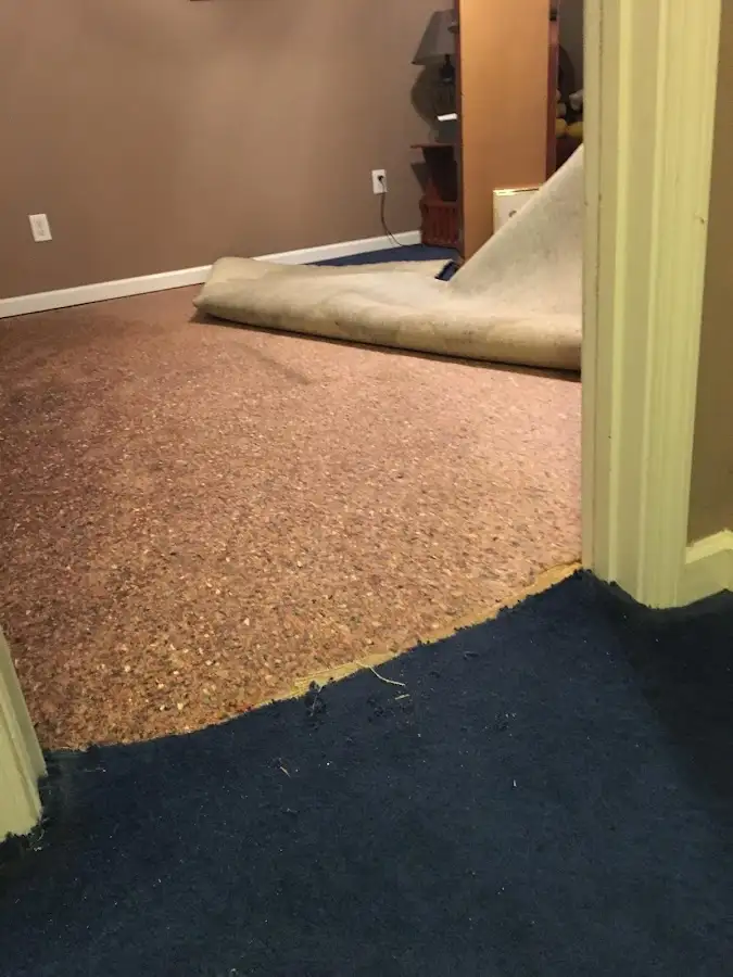 Carpet pad removal revealing water damage during Drying & Dehumidification in Hawthorne
